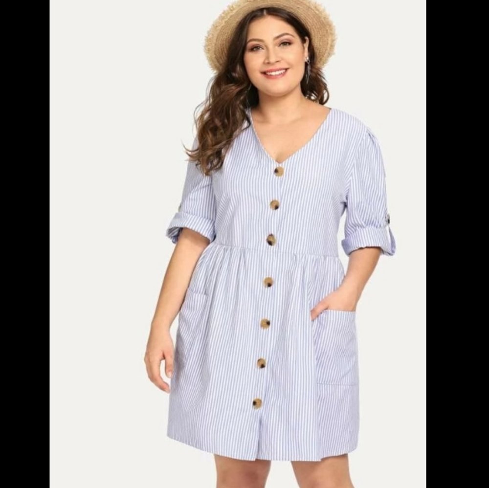 Blue & White Striped Button Down Dress